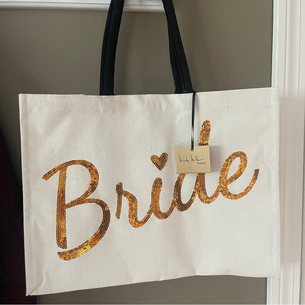 Nicole Miller White Tote Bag with Gold Sequin 'Bride' Script
